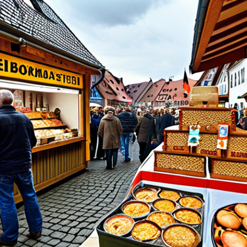 Home 11 **
A bustling marketplace scene in Germany. In the foreground, a craftsman proudly displays his handcrafted goods. In the background, modern products are seen alongside traditional German fare. The scene conveys a sense of opportunity, with a banner subtly referencing "Freihandelsabkommen" (Free Trade Agreements). Focus on warm, inviting colors and a sense of German tradition meeting global opportunities. The overall aesthetic should be inspiring and suggest the benefits of international trade for local businesses.
**