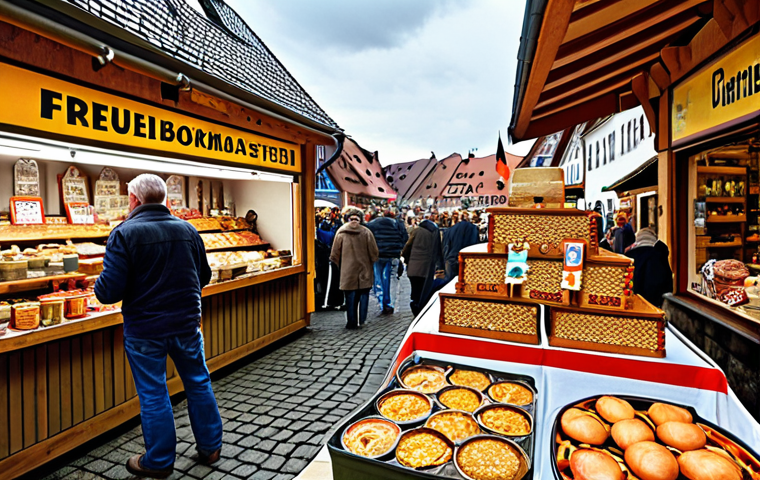 **
A bustling marketplace scene in Germany. In the foreground, a craftsman proudly displays his handcrafted goods. In the background, modern products are seen alongside traditional German fare. The scene conveys a sense of opportunity, with a banner subtly referencing "Freihandelsabkommen" (Free Trade Agreements). Focus on warm, inviting colors and a sense of German tradition meeting global opportunities. The overall aesthetic should be inspiring and suggest the benefits of international trade for local businesses.
**