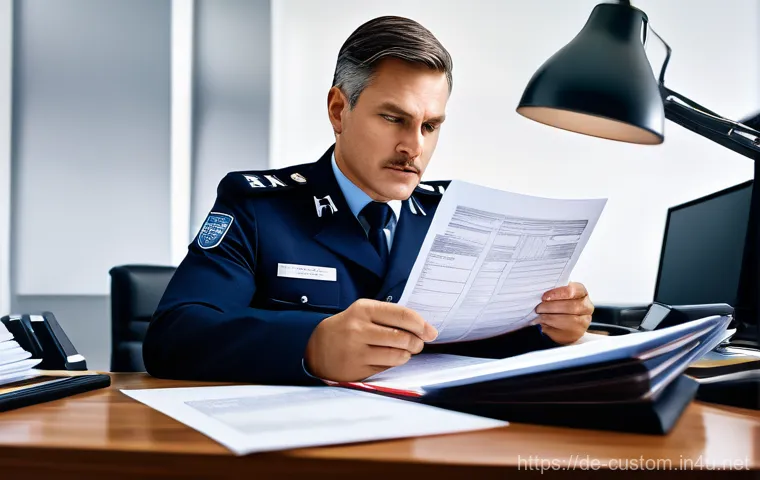 관세사 직업에 적합한 성격 - **A highly detailed, photorealistic image of a male customs officer in his late 40s, with a focused ...