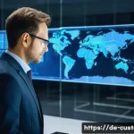 관세사 업무의 디지털화 - **Prompt:** A modern, brightly lit German customs office. In the foreground, a male customs professi...