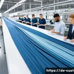 Home 23 FTA 활용 관세 절감 사례 - A modern German textile factory interior with diverse workers carefully examining fabric samples and...