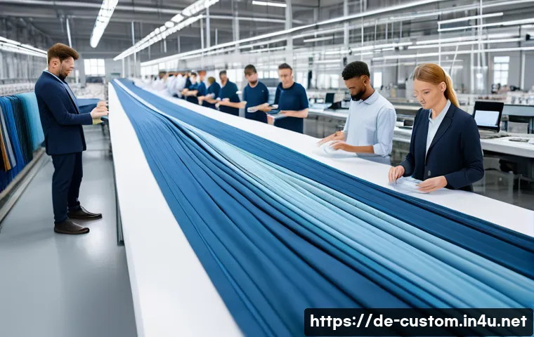 FTA 활용 관세 절감 사례 - A modern German textile factory interior with diverse workers carefully examining fabric samples and...