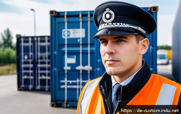 관세사 업계 평균 연봉 - A professional German customs officer in uniform working at a modern customs checkpoint, with detail...