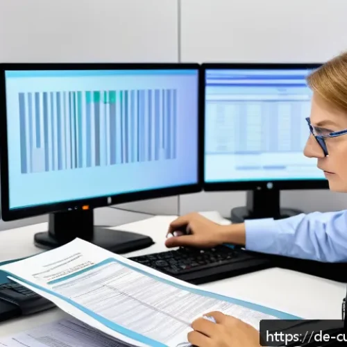 관세사 시험 기출문제 해설 - A professional German customs officer at a modern office desk, meticulously examining detailed custo...