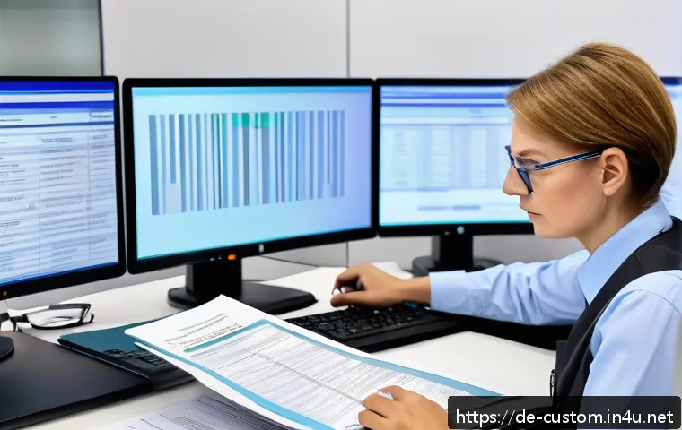 관세사 시험 기출문제 해설 - A professional German customs officer at a modern office desk, meticulously examining detailed custo...