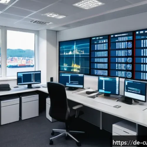 관세사 직업의 장단점 - A professional customs agent working in a modern office environment in Germany, surrounded by multip...