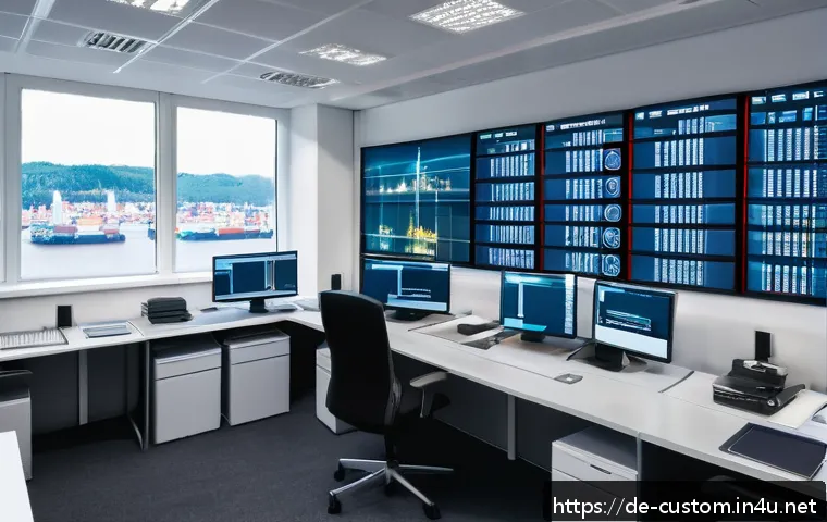 관세사 직업의 장단점 - A professional customs agent working in a modern office environment in Germany, surrounded by multip...