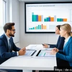 FTA 활용 성공 사례 인터뷰 - A modern business meeting scene in a bright, sleek conference room in Berlin, featuring diverse prof...