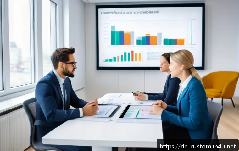 FTA 활용 성공 사례 인터뷰 - A modern business meeting scene in a bright, sleek conference room in Berlin, featuring diverse prof...