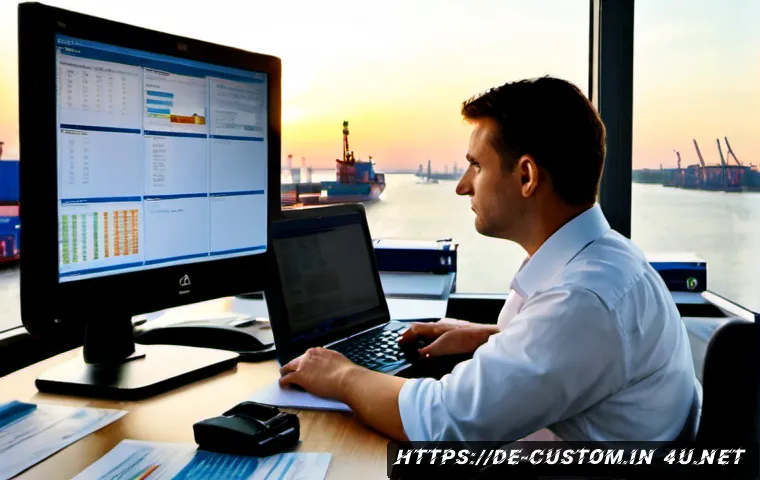 Home 17 관세사와 수출입 통계 활용 - Photorealistic German customs broker in a modern Hamburg office, reviewing unlabeled import-export d...