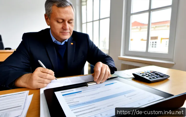 Home 17 FTA 활용 신고서 작성법 - Photorealistic German customs compliance office scene, a middle-aged business owner carefully comple...